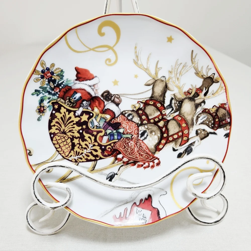 Williams Sonoma Twas The Night Before Christmas Plate‎ Santa Holiday Gold Red 8